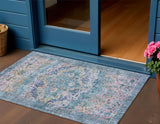 3' X 5' Denim Blue Beige And Pink Floral Washable Indoor Outdoor Area Rug