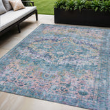 5' X 8' Denim Blue Beige And Pink Floral Washable Indoor Outdoor Area Rug