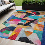 5' X 8' Blue Orange Pink And Yellow Abstract Washable Indoor Outdoor Area Rug