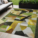 5' X 8' Green Black Gold And Beige Abstract Washable Indoor Outdoor Area Rug