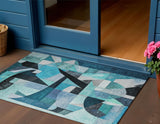 3' X 5' Teal Blue Black Aqua And Turquoise Abstract Washable Indoor Outdoor Area Rug