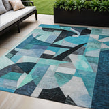 5' X 8' Teal Blue Black Aqua And Turquoise Abstract Washable Indoor Outdoor Area Rug