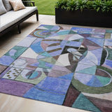 5' X 8' Green Blue Purple And Black Abstract Washable Indoor Outdoor Area Rug