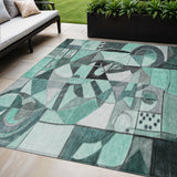 5' X 8' Teal Blue Black Ivory And Gray Abstract Washable Indoor Outdoor Area Rug
