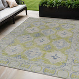 5' X 8' Artichoke Green And Blue Damask Washable Indoor Outdoor Area Rug