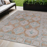 5' X 8' Terra Cotta And Teal Blue Damask Washable Indoor Outdoor Area Rug