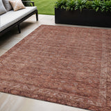 5' X 8' Terra Cotta And Rust Floral Washable Indoor Outdoor Area Rug