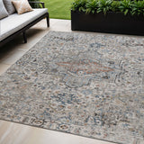 5' X 8' Ivory Blue And Copper Floral Medallion Washable Indoor Outdoor Area Rug