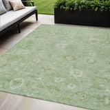 5' X 8' Artichoke Green Ivory And Mint Green Damask Washable Indoor Outdoor Area Rug