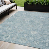 5' X 8' Blue Ivory And Gray Damask Washable Indoor Outdoor Area Rug