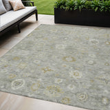 5' X 8' Gray Ivory And Gold Damask Washable Indoor Outdoor Area Rug