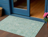 3' X 5' Teal Blue Ivory And Tan Damask Washable Indoor Outdoor Area Rug
