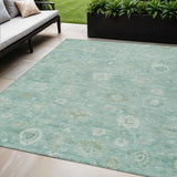 5' X 8' Teal Blue Ivory And Tan Damask Washable Indoor Outdoor Area Rug