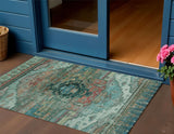3' X 5' Teal Blue Copper And Gold Tribal Washable Indoor Outdoor Area Rug