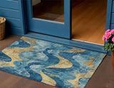 3' X 5' Teal Blue And Gold Abstract Washable Indoor Outdoor Area Rug