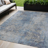 5' X 8' Denim Blue And Silver Abstract Washable Indoor Outdoor Area Rug