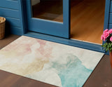 3' X 5' Pearl Ivory Beige And Teal Blue Abstract Washable Indoor Outdoor Area Rug