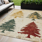 5' X 8' Ivory Gold And Burgundy Trees Washable Indoor Outdoor Area Rug