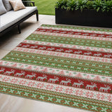 5' X 8' Green Ivory And Red Deer Washable Indoor Outdoor Area Rug
