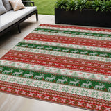 5' X 8' Red Green And Ivory Deer Washable Indoor Outdoor Area Rug