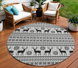 8' Silver Black And Ivory Round Deer Washable Indoor Outdoor Area Rug