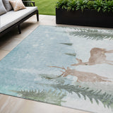 5' X 8' Sky Blue Sage Ivory And Khaki Deer Washable Indoor Outdoor Area Rug
