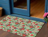 3' X 5' Artichoke Green Red Black Pink And Brown Floral Washable Indoor Outdoor Area Rug