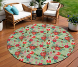 8' Artichoke Green Red Black Pink And Brown Round Floral Washable Indoor Outdoor Area Rug