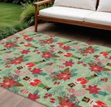 8' X 10' Artichoke Green Red Black Pink And Brown Floral Washable Indoor Outdoor Area Rug