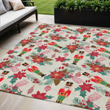 5' X 8' Ivory Red Black Pink And Brown Floral Washable Indoor Outdoor Area Rug