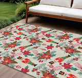 8' X 10' Ivory Red Black Pink And Brown Floral Washable Indoor Outdoor Area Rug