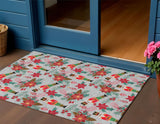 3' X 5' Silver Red Black Pink And Brown Floral Washable Indoor Outdoor Area Rug