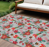 8' X 10' Silver Red Black Pink And Brown Floral Washable Indoor Outdoor Area Rug