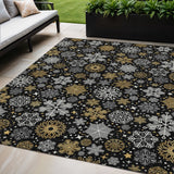5' X 8' Black Gold And Gray Snowflake Washable Indoor Outdoor Area Rug