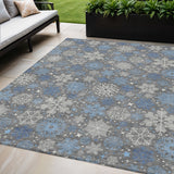 5' X 8' Gray Blue And Ivory Snowflake Washable Indoor Outdoor Area Rug