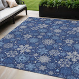 5' X 8' Navy Blue Ivory And Sky Blue Snowflake Washable Indoor Outdoor Area Rug