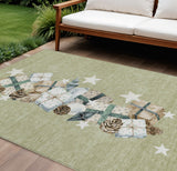 8' X 10' Artichoke Green Beige Ivory And Taupe Presents Washable Indoor Outdoor Area Rug