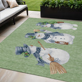 5' X 8' Artichoke Green Denim Blue And Ivory Snowmen Washable Indoor Outdoor Area Rug