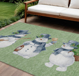 8' X 10' Artichoke Green Denim Blue And Ivory Snowmen Washable Indoor Outdoor Area Rug