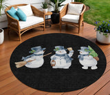 8' Black Denim Blue And Ivory Round Snowmen Washable Indoor Outdoor Area Rug