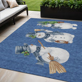 5' X 8' Navy Blue Denim Blue And Ivory Snowmen Washable Indoor Outdoor Area Rug