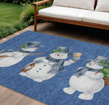 8' X 10' Navy Blue Denim Blue And Ivory Snowmen Washable Indoor Outdoor Area Rug