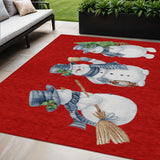 5' X 8' Red Denim Blue And Ivory Snowmen Washable Indoor Outdoor Area Rug