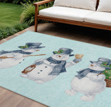 8' X 10' Sky Blue Denim Blue And Ivory Snowmen Washable Indoor Outdoor Area Rug