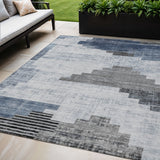5' X 8' Blue Ivory And Charcoal Geometric Washable Indoor Outdoor Area Rug