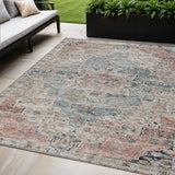 5' X 8' Beige And Denim Blue Medallion Washable Indoor Outdoor Area Rug
