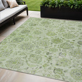 5' X 8' Artichoke Green And Gray Damask Washable Indoor Outdoor Area Rug