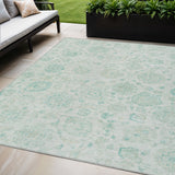 5' X 8' Turquoise And Beige Damask Washable Indoor Outdoor Area Rug