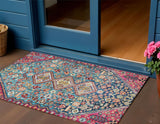 3' X 5' Teal Blue And Merlot Aztec Washable Indoor Outdoor Area Rug