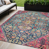 5' X 8' Teal Blue And Merlot Aztec Washable Indoor Outdoor Area Rug